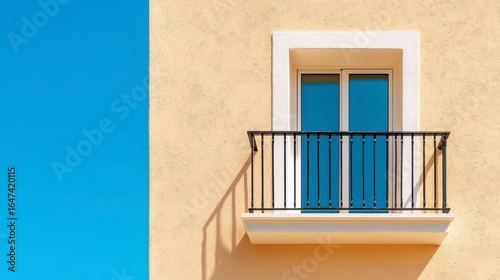 White Framed Balcony with Black Wrought Iron Railing on Beige Textured Building Against Blue Sky