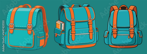 Three Teal and Orange Backpacks School Bags Illustration
