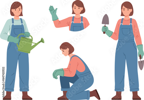 Cartoon gardener woman in overalls with watering can and trowel in various poses.
