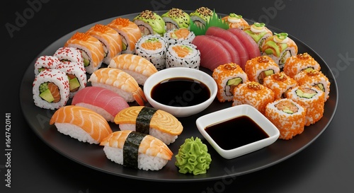 ​A beautiful arrangement of fresh sushi and sashimi on a black plate, complete with nigiri, maki rolls, tuna sashimi, soy sauce, and a dollop of wasabi for dipping.