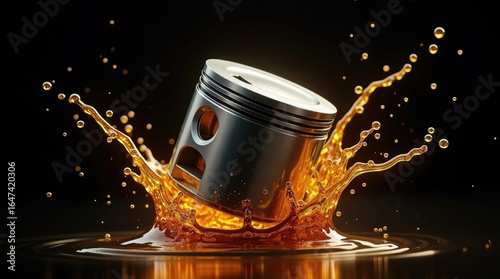 Engine piston in motor oil golden splash. Hyper-realistic close-up frozen in motion encircled by a golden drizzle. Synthetic oil change beneficial for pistons.