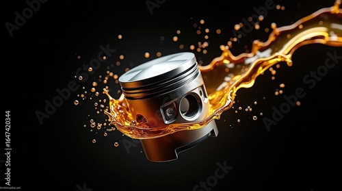 Engine piston in motor oil golden splash. Hyper-realistic close-up frozen in motion encircled by a golden drizzle. Synthetic oil change beneficial for pistons.