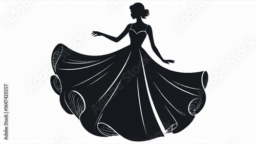 A black and white silhouette illustration of an elegant evening gown with flowing fabric 