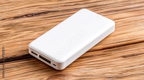 White Portable Charger on Light Brown Wood Grain Studio Shot Close Up