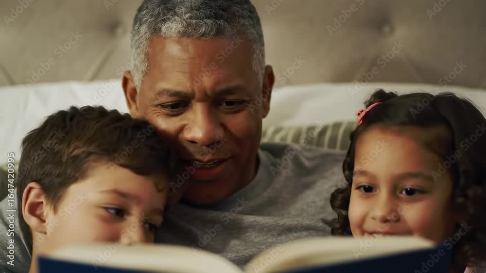 A man reads to two children in bed A man reads to two children in bed