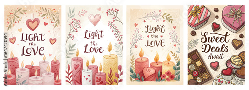 Charming collection of Valentine's Day-themed illustrations featuring candles and sweet treats.