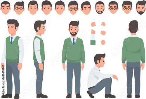 Cartoon man character design with various poses, faces, and body parts for animation.