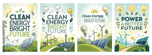 A vibrant collection of clean energy illustrations highlighting solar panels, wind turbines, and light bulbs.
