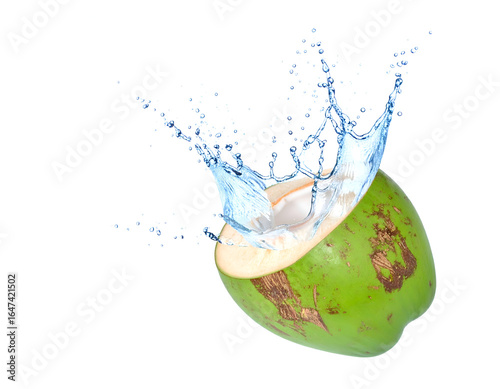 Coconuts water splashing out of a fresh green coconut isolated on  white background