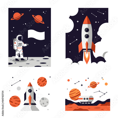 Vibrant illustrations capturing thrilling space exploration, astronaut journeys, and cosmic discovery.