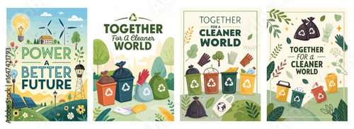 Colorful illustrations promoting eco-conscious living and teamwork for a cleaner future.