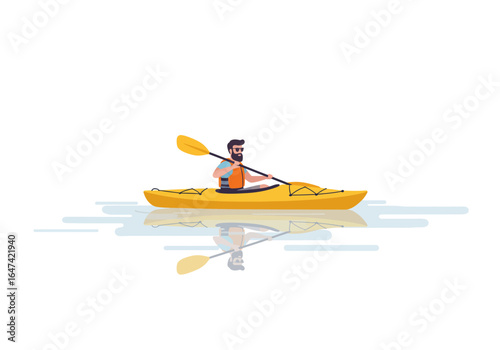 Man Paddling Yellow Kayak on Water with Reflection