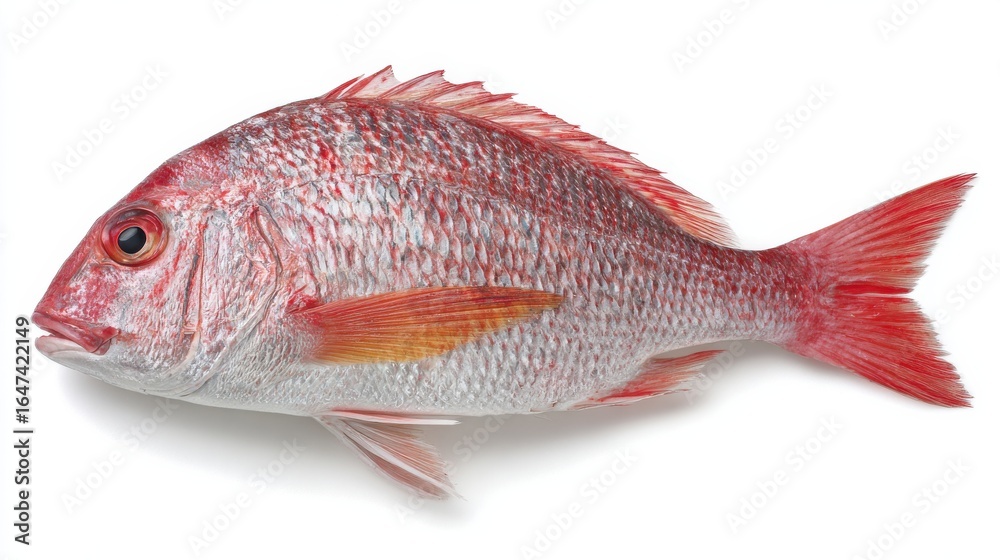 Obraz premium A freshly caught red snapper fish lies on a clean white surface, highlighting its bright red skin and shimmering scales. The fish's fins are extended, emphasizing its natural shape