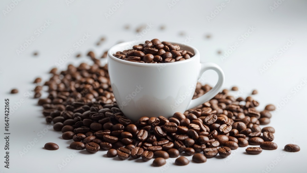 Fototapeta premium A cup filled with coffee beans surrounded by scattered coffee beans on a white background.