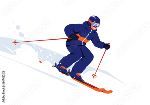 Skier in Action: Downhill Skiing with Orange Skis and Blue Suit