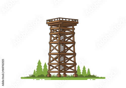 Illustrated Wooden Fire Lookout Tower with Trees