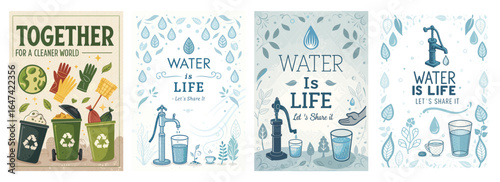 Collection of eco-friendly posters promoting recycling and water conservation.