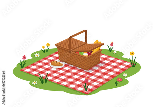 Picnic Basket with Food on a Checkered Blanket