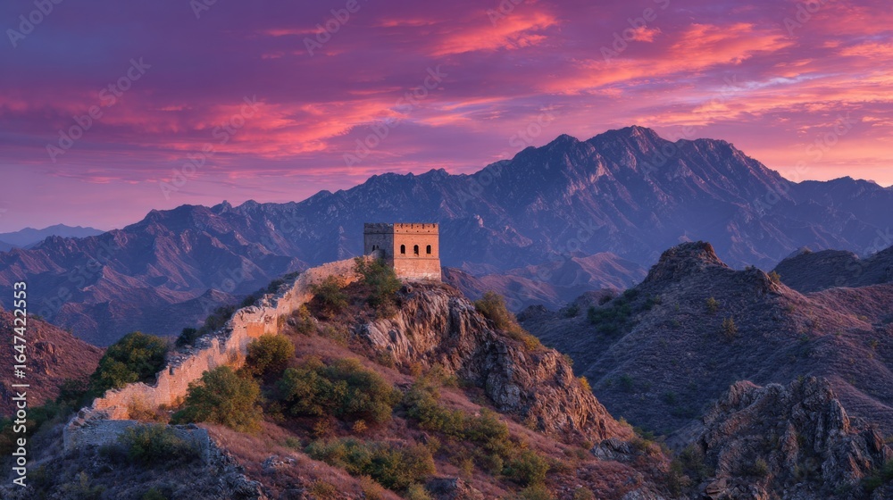 Fototapeta premium Surrounded by rugged mountains, an ancient fort stands proudly atop a ridge as the sun sets, painting the sky in vibrant hues of orange and purple, creating a breathtaking landscape