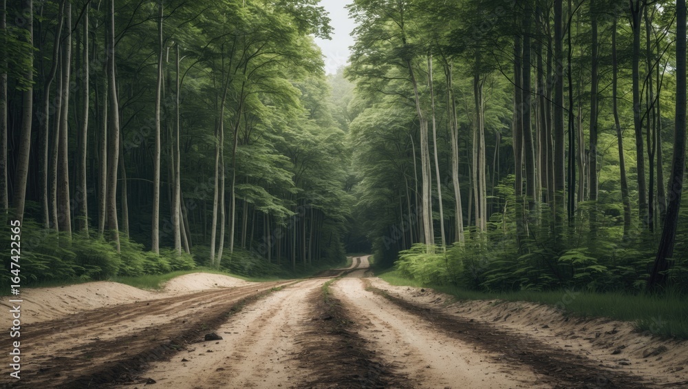 Fototapeta premium A dirt road through a lush green forest with tall trees and dense foliage, conveying a peaceful natural landscape.
