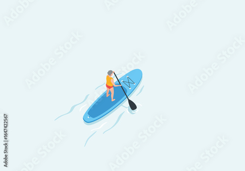 Woman Paddleboarding on Blue Water, Aerial View