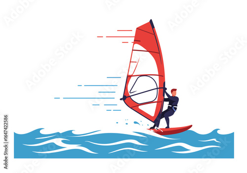 Windsurfer on Blue Waves with Red Sail and Speed Lines Illustration