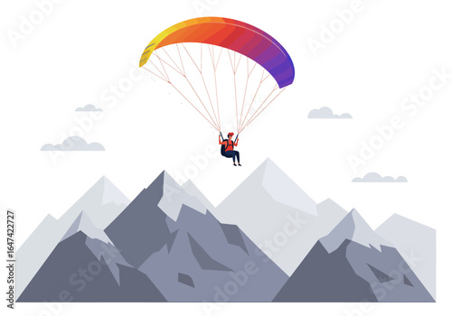 Paraglider Soaring Above Mountain Peaks with Colorful Canopy