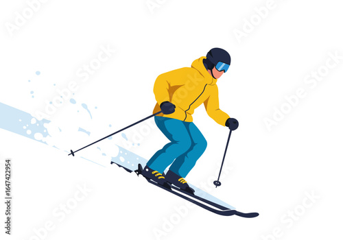 Skier in Yellow Jacket Carving Down Slope