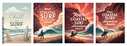Four vibrant surf-themed illustrations showcasing waves and surfers in stunning coastal settings.