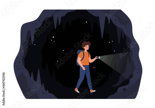 Man Exploring Dark Cave with Flashlight and Backpack