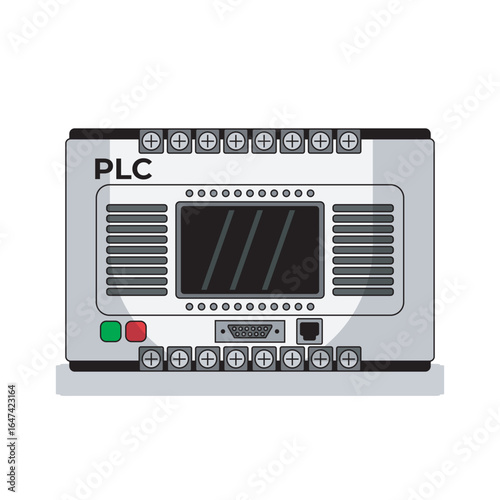 Programmable Logic Controller (PLC) vector illustration in front view, showing input output terminals, control buttons, and display. Used for automation, machinery control, and industrial processes.