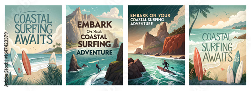 Colorful surf posters featuring scenic coastal views and adventurous surfers, ideal for surf culture enthusiasts.