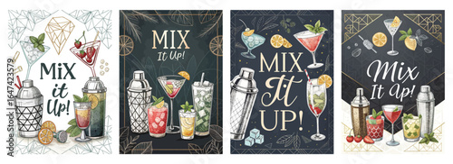 Colorful cocktail illustrations showcasing various drinks for a vibrant nightlife theme.