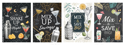Colorful cocktail illustrations on a dark background, showcasing various drinks and mixology themes.
