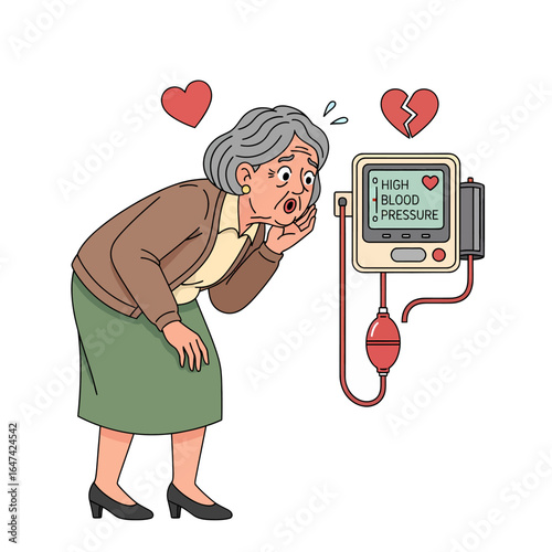 Shocked senior woman seeing high blood pressure result, heart disease risk vector.
