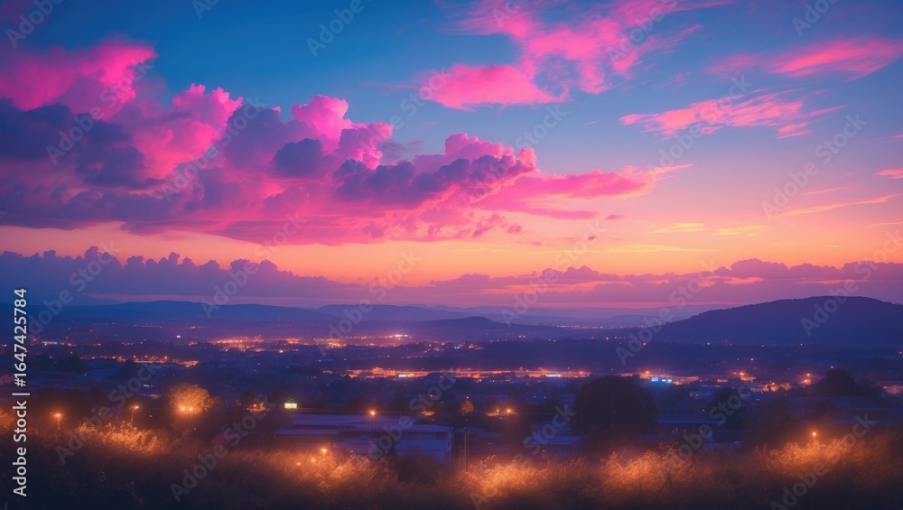 Naklejka premium Vibrant sunset with pink clouds over a cityscape and mountains in the distance. Evening scene with illuminated lights and a tranquil atmosphere.