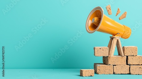 Yellow Megaphone on Brown Blocks Against Teal Background