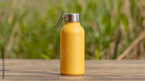 Yellow Metal Cap Water Bottle on Wooden Surface Outdoors
