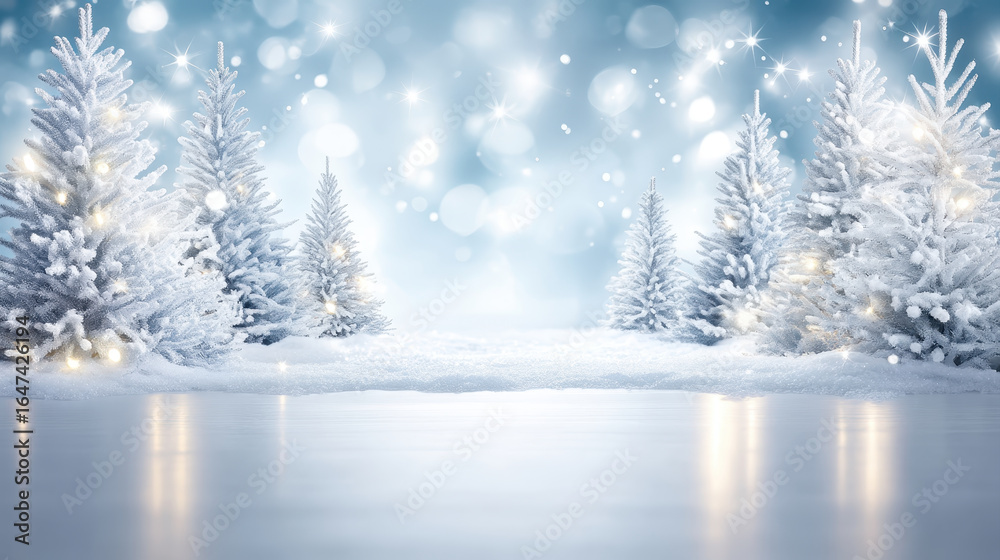 Fototapeta premium Snowy Christmas banner background with decorated pine trees and glowing lights creates festive winter sale atmosphere perfect for holiday promotions and seasonal events