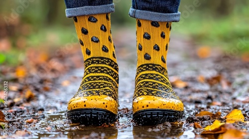 Yellow Polka Dot Rain Boots Standing in Muddy Puddle on Forest Path with Autumn Leaves