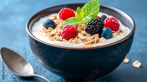 Yogurt Bowl with Mixed Berries and Granola Displaying Dark Blue Hue on Soft Blue Background