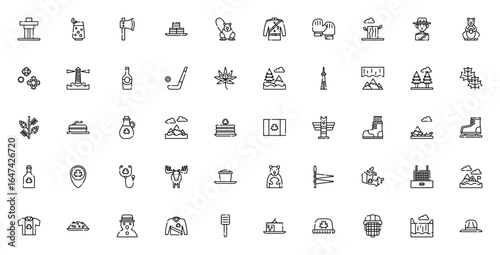 Canada icon set. Minimal vector illustration pack. Includes symbols for Inukshuk, Maple leaf, Beaver, Ice hockey, Aurora borealis, CN Tower, Totem, Poutine and more. Editable stroke design.