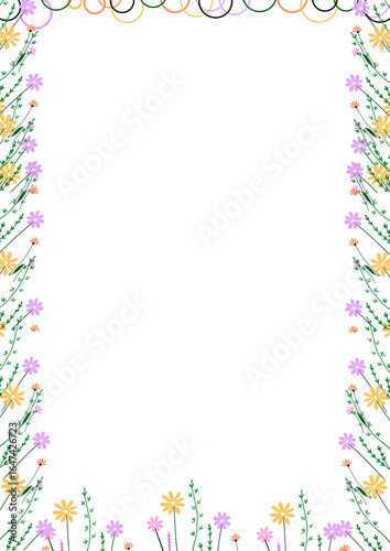 Vertical floral frame featuring yellow, purple and orange wildflowers with green stems and leaves surrounding a central white space.