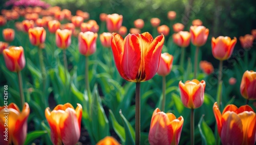 Bright orange and yellow tulips blooming in a garden with lush greenery in the background, showcasing vibrant spring flowers.