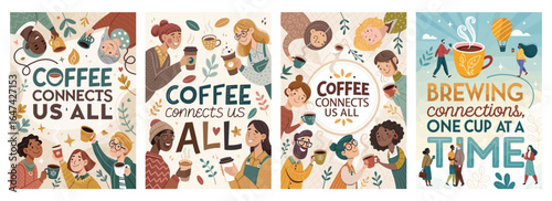 A colorful illustration showing diverse people enjoying coffee together, emphasizing connection and community.