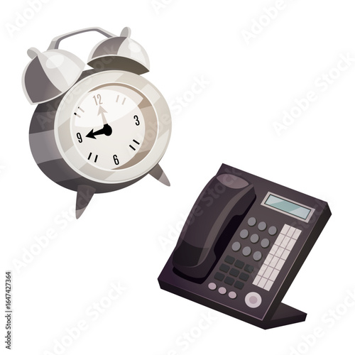 Analog Alarm Clock and Retro Landline Telephone – Vintage Office Essentials for Time Management and Communication