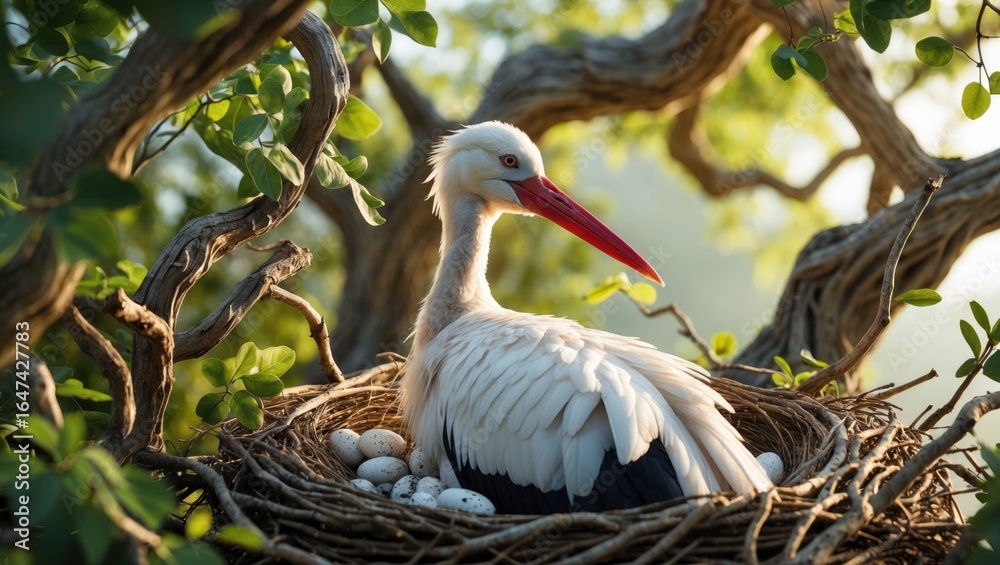 Fototapeta premium A stork in a nest with eggs, surrounded by green leaves and tree branches.