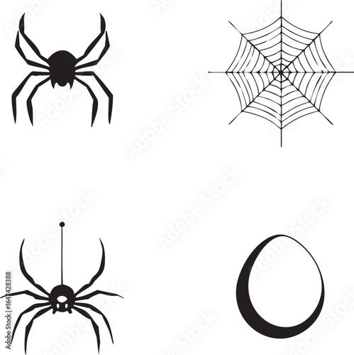 Spider and Web Icons Vector Set – Black and White Line Art of Creepy Crawlers, Hanging Spider, and Abstract Egg Shape