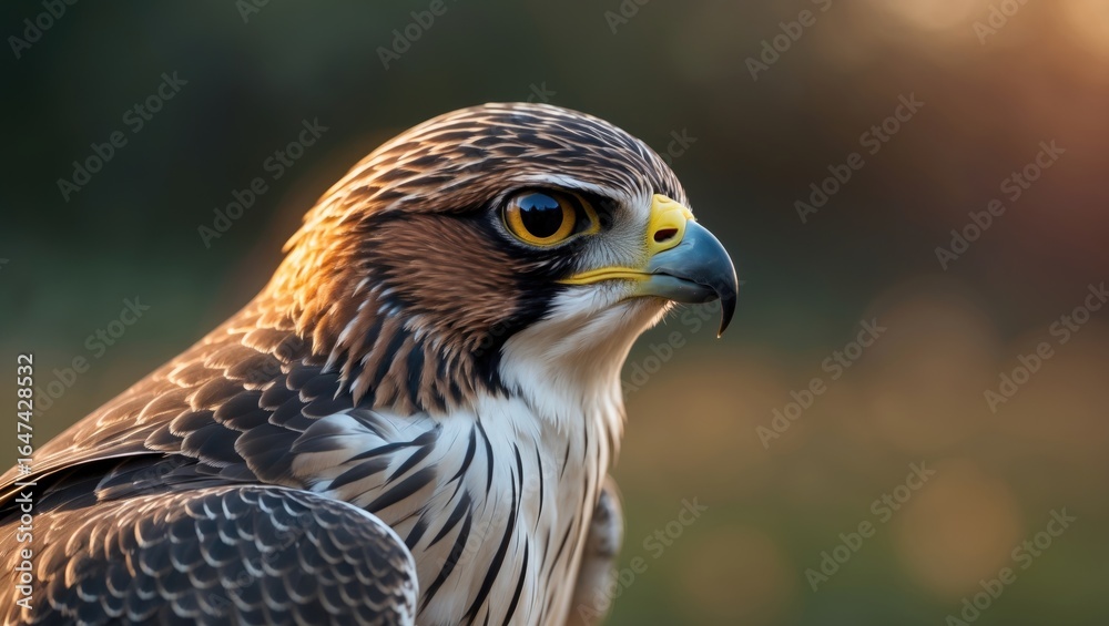 Fototapeta premium Close-up of a hawk's head with detailed feathers, sharp beak, and keen eye, set against a blurred background at sunset.