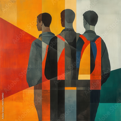 Abstract Geometric Portrait of Three Men in Warm and Cool Tones